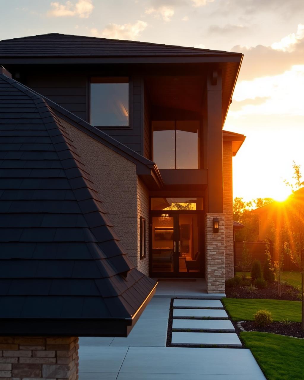 Modern Austin home with premium architectural shingles at sunset